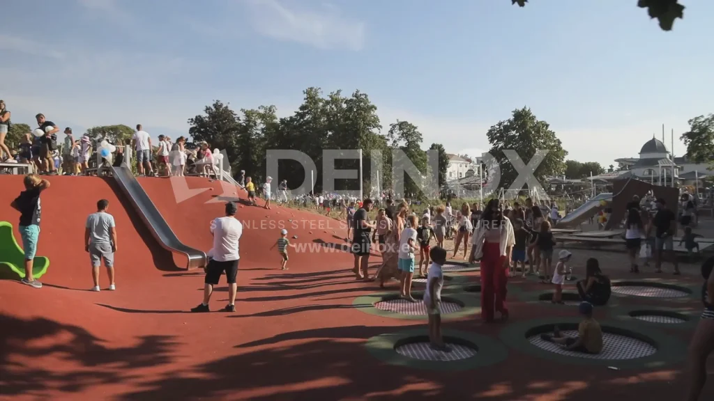 Community playground with a tunnel slide